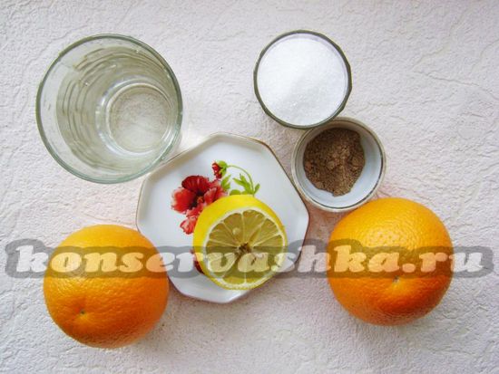 Ингредиенты для приготовления варенья из апельсиновых долек с корицей