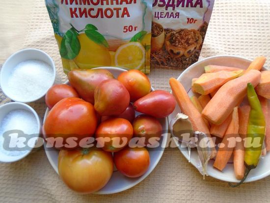 Ингредиенты для маринованных помидоров с морковью и лимонной кислотой