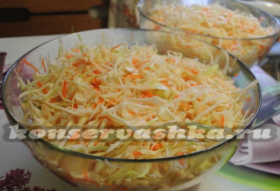 смешать натертую морковь и капусту