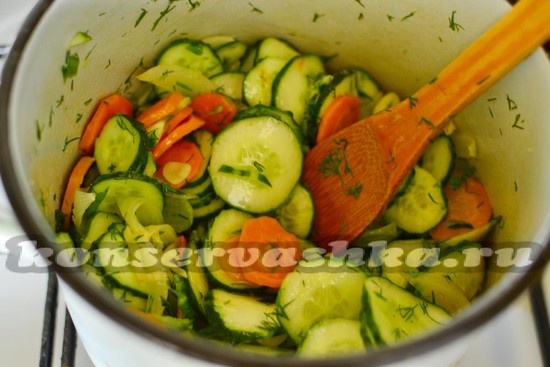 закладываем потом огурцы, чеснок и зелень