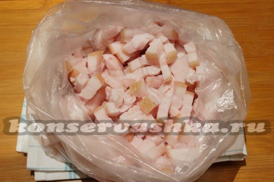нарезать сало кусочками и поместить в пакет
